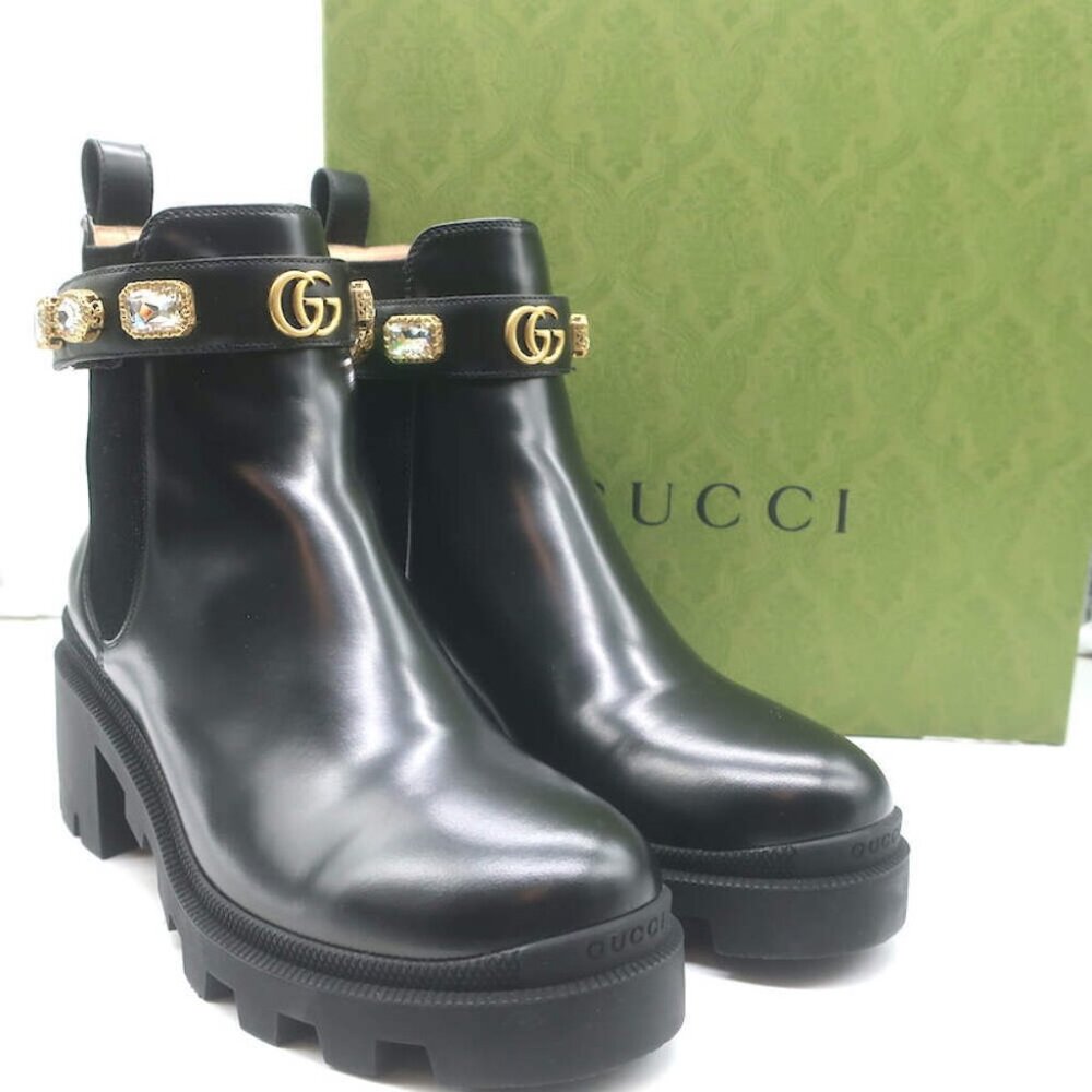 Gucci Trip Jeweled Strap Chelsea Boots Black Leather Size 39.5 NEW - Picture 1 of 11